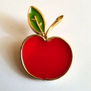 Vintage apple pin red green enamel gold tone brooch fruit jewelry